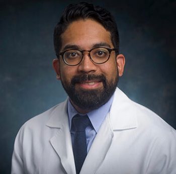 Head shot of Dr. Anand Iyer, MD (Resident Trainee, Pulmonary/Allergy/Critical Care) in white medical coat, 2017.